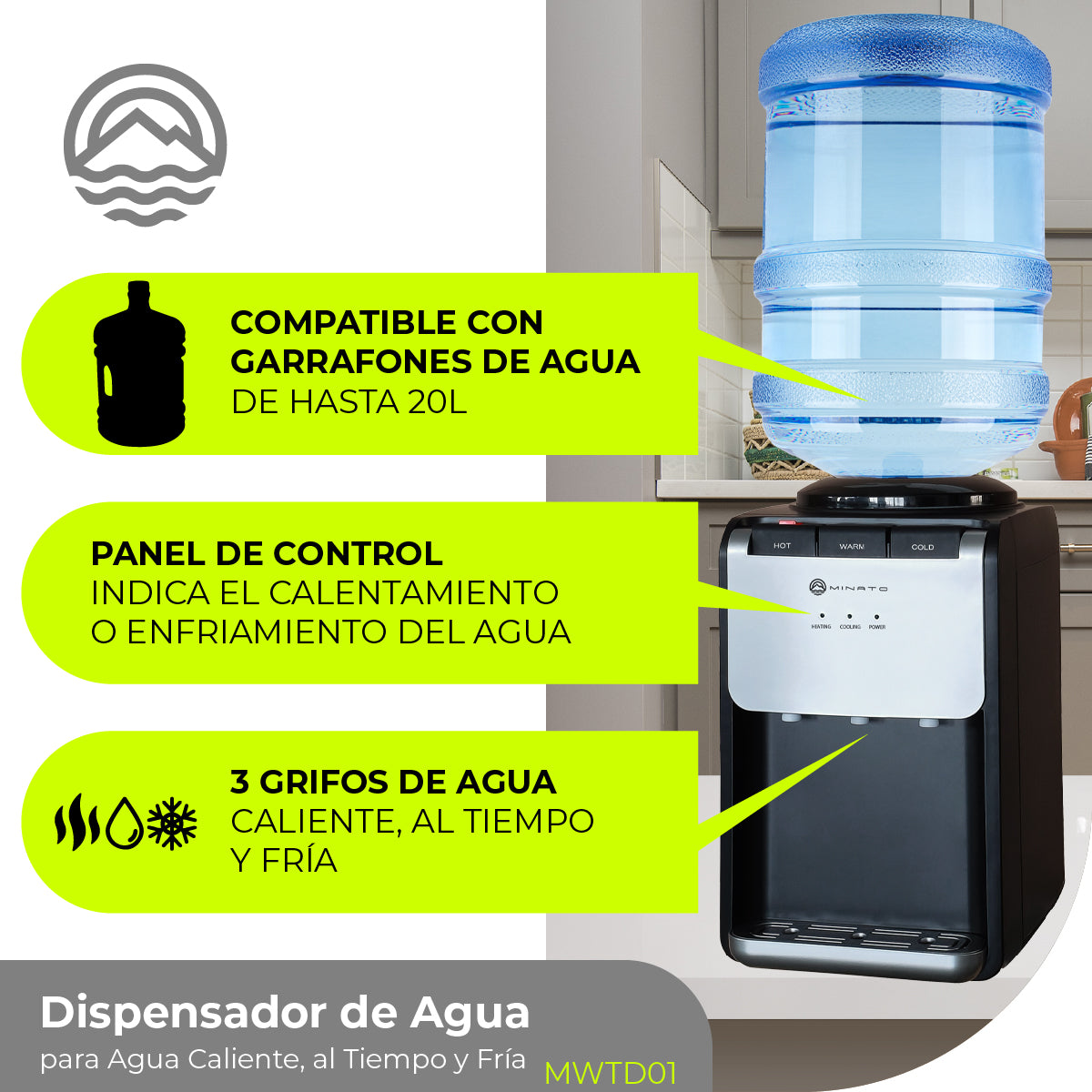 Minato Dispensador De Agua Fría/caliente 3 Grifos MWTD01