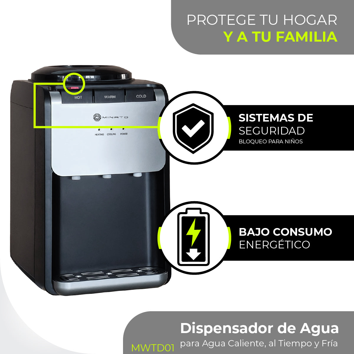 Minato Dispensador De Agua Fría/caliente 3 Grifos MWTD01