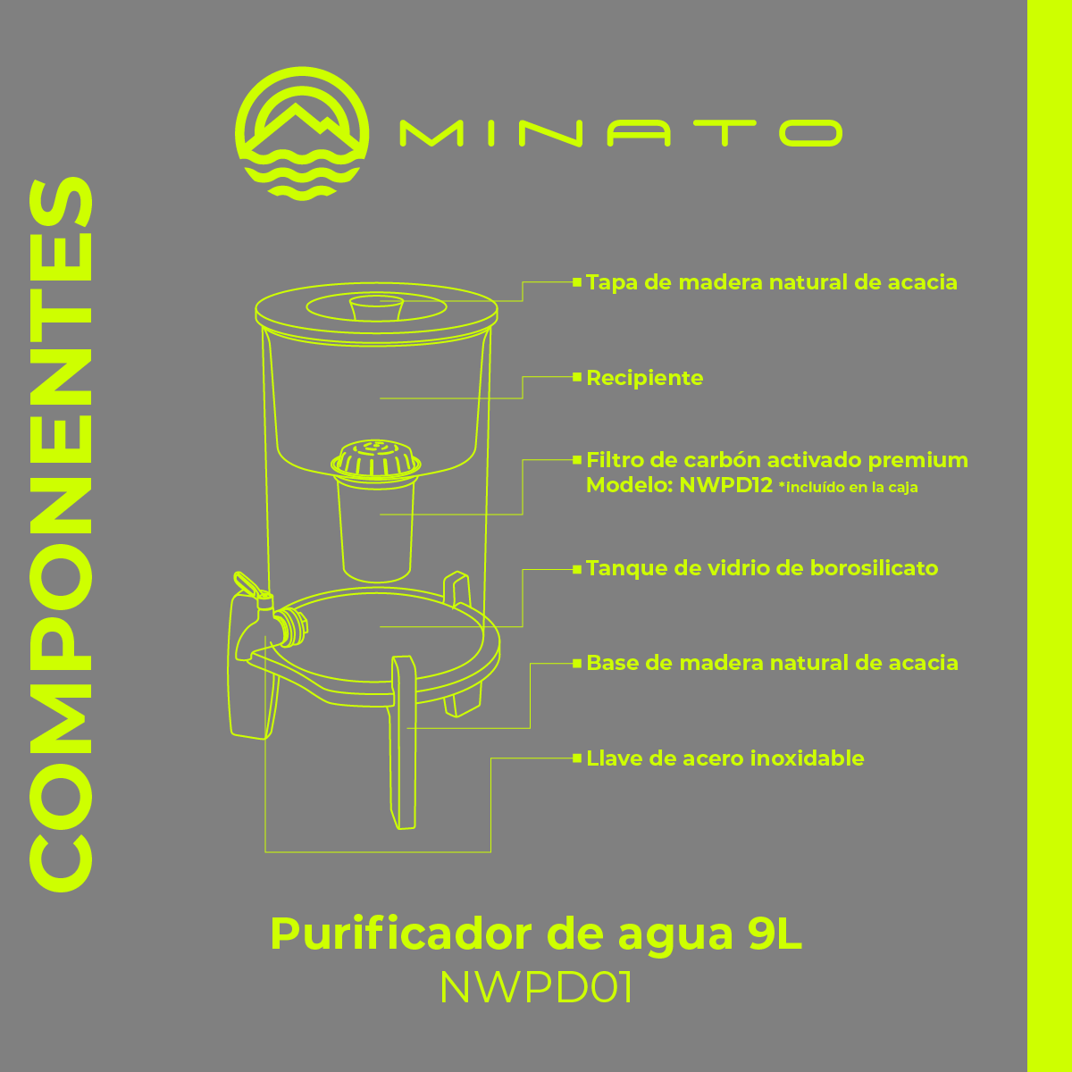Purificador de Agua 9 litros de Vidrio Borosilicato. Incluye 1 Filtro