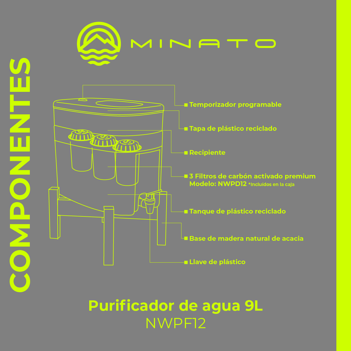 Purificador de Agua 9 litros. Incluye 3 Filtros