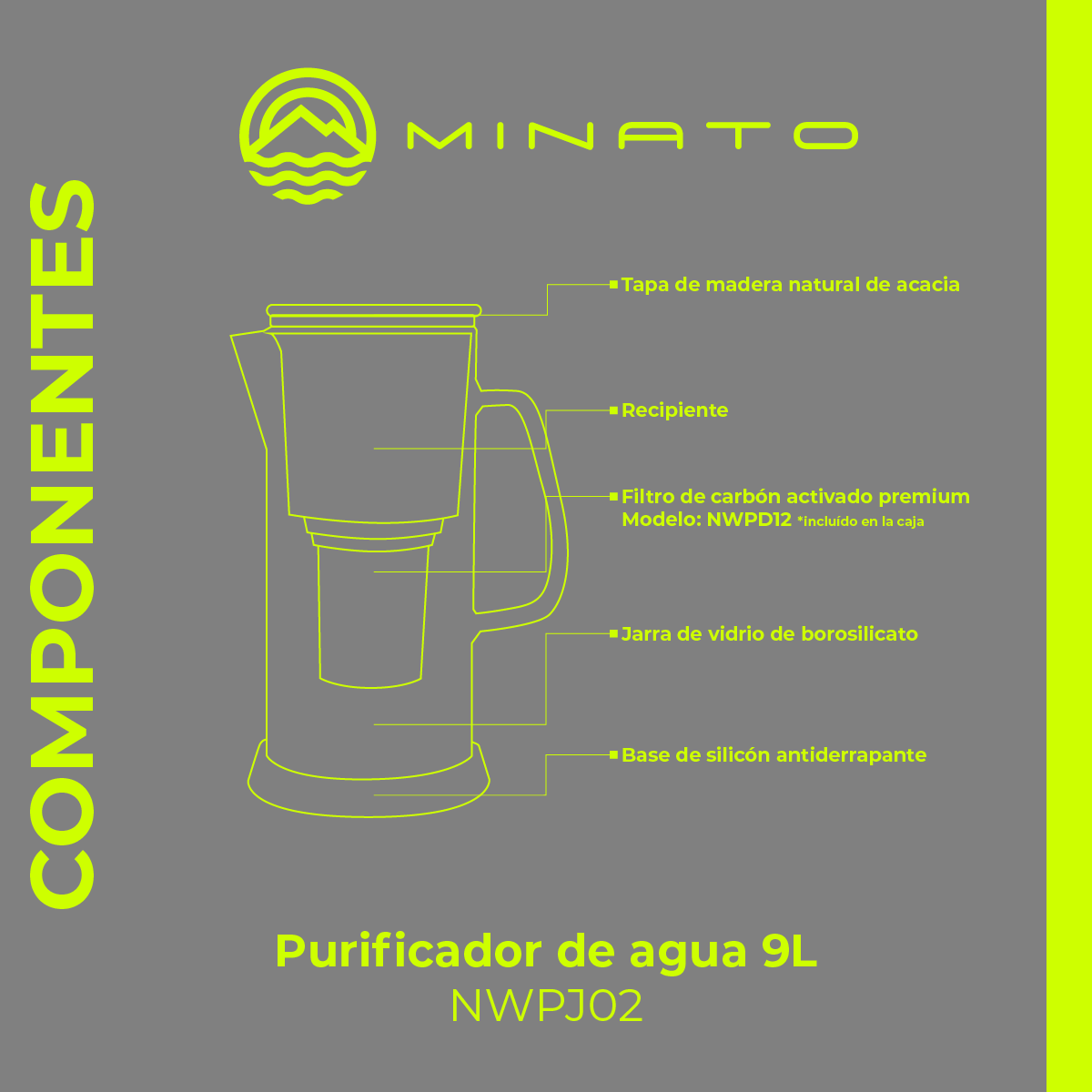 Purificador de Agua Jarra de 3.5 litros de Vidrio Borosilicato. Incluye 3 Filtros Alcalinos