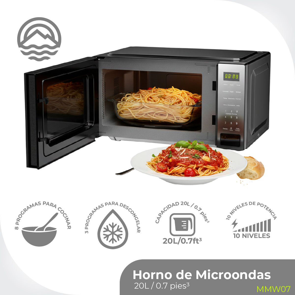 MINATO Microondas MMW07 20 Litros/0.7 Pies – Panel Digital, 700W, 8 Programas Expert, Descongelado Rápido y Bajo Consumo