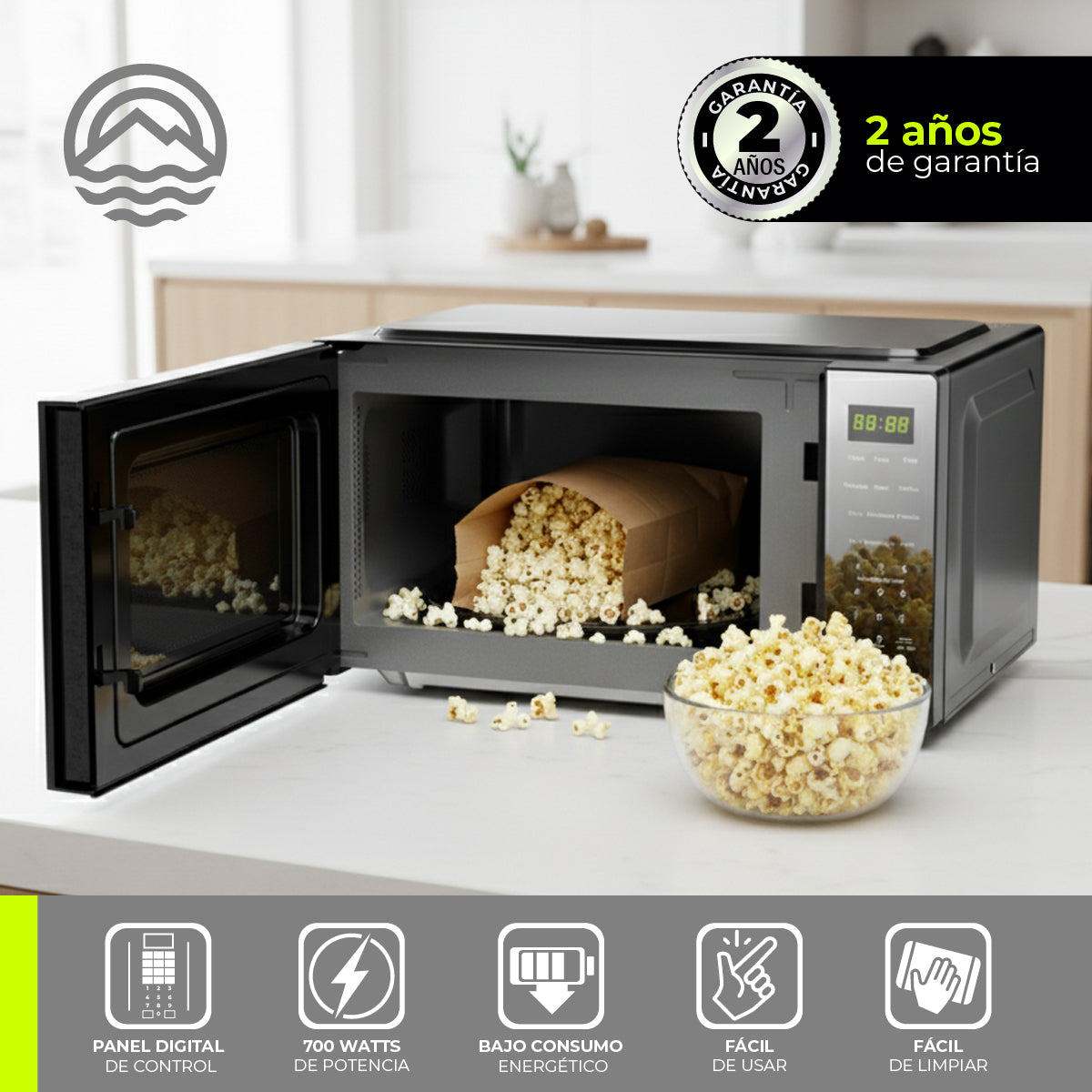 MINATO Microondas MMW07 20 Litros/0.7 Pies – Panel Digital, 700W, 8 Programas Expert, Descongelado Rápido y Bajo Consumo