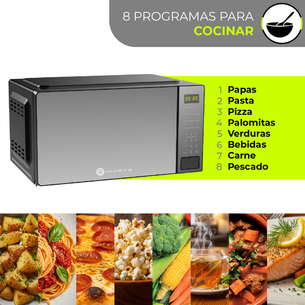 MINATO Microondas MMW07 20 Litros/0.7 Pies – Panel Digital, 700W, 8 Programas Expert, Descongelado Rápido y Bajo Consumo