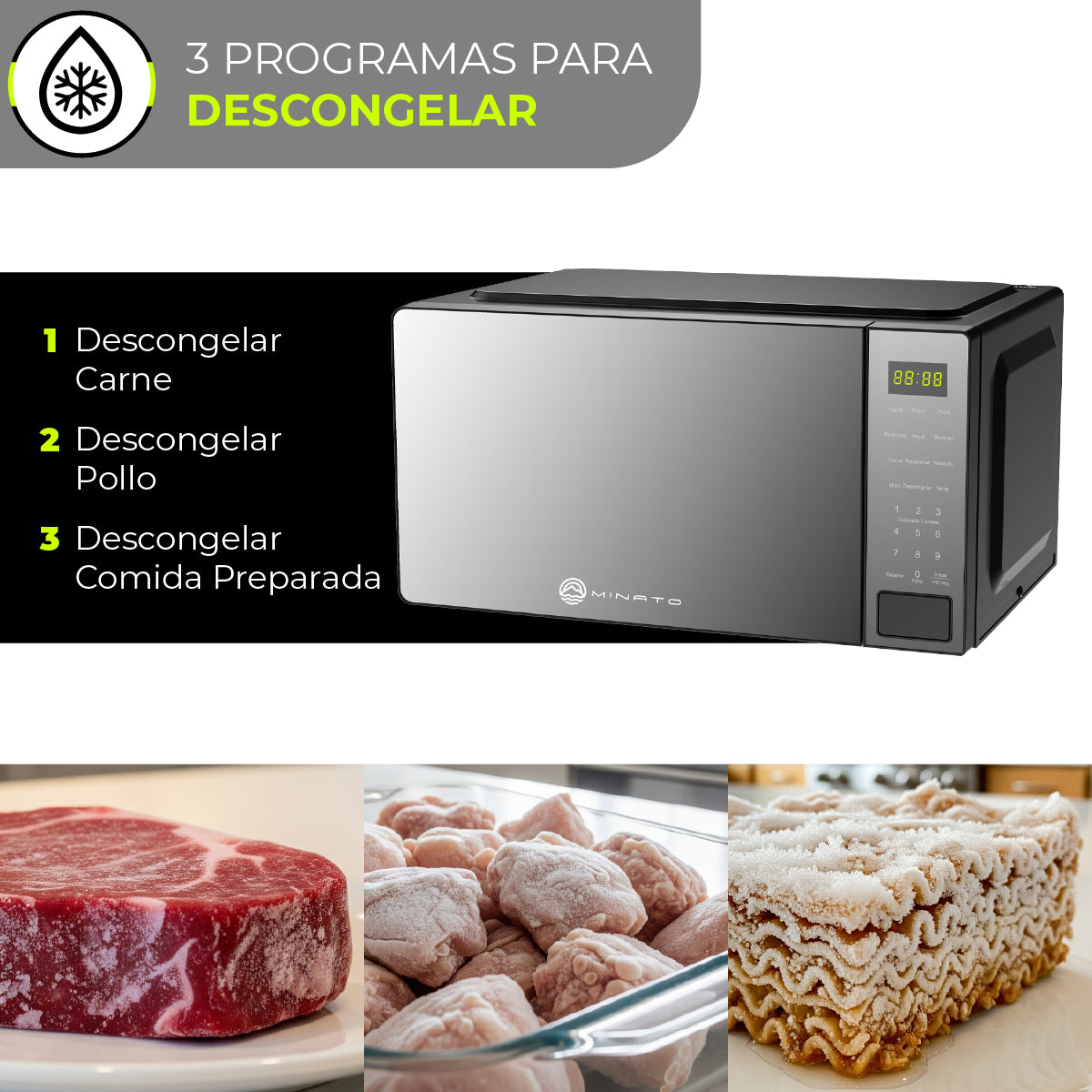 MINATO Microondas MMW07 20 Litros/0.7 Pies – Panel Digital, 700W, 8 Programas Expert, Descongelado Rápido y Bajo Consumo