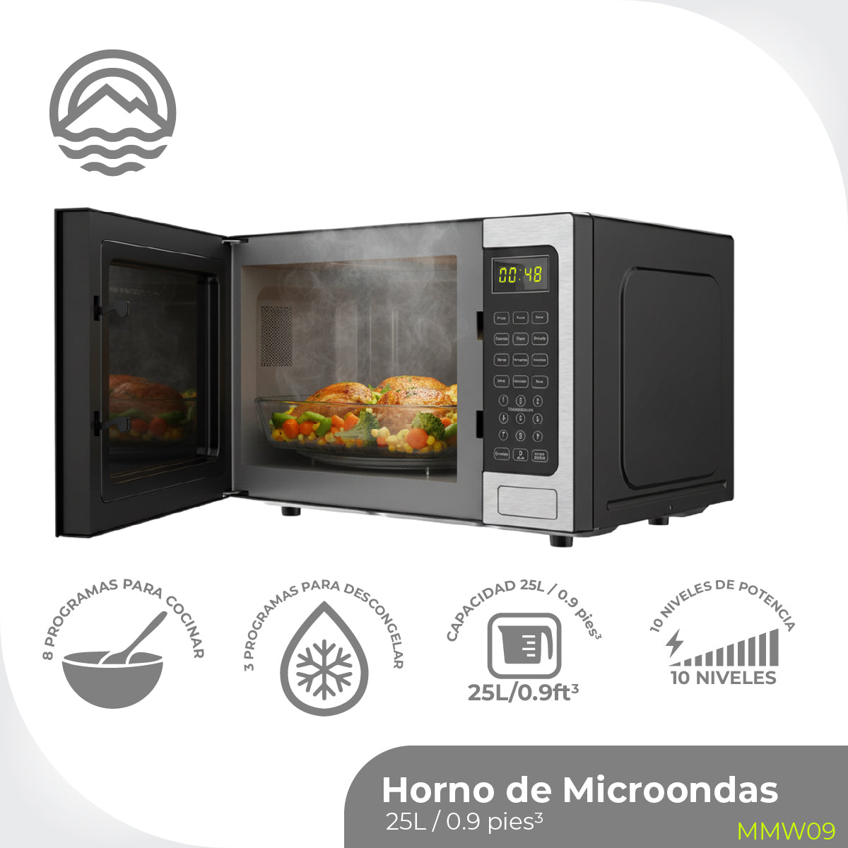 MINATO Microondas 25L/0.9 Pies MMW09 – 900W, 10 Niveles, Panel Digital y Menús Automáticos para Cocinar y Descongelar