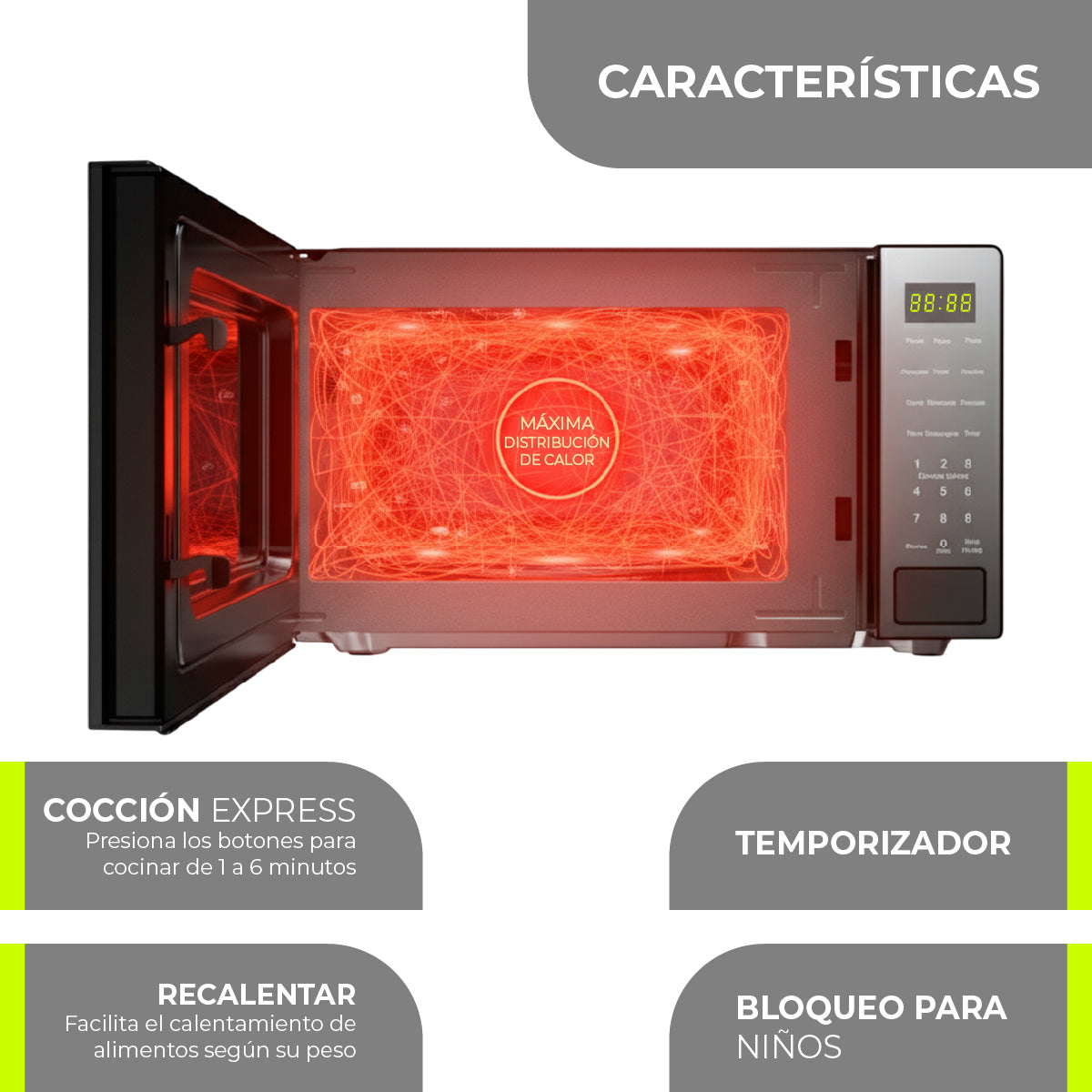 MINATO Microondas 25L/0.9 Pies MMW09 – 900W, 10 Niveles, Panel Digital y Menús Automáticos para Cocinar y Descongelar