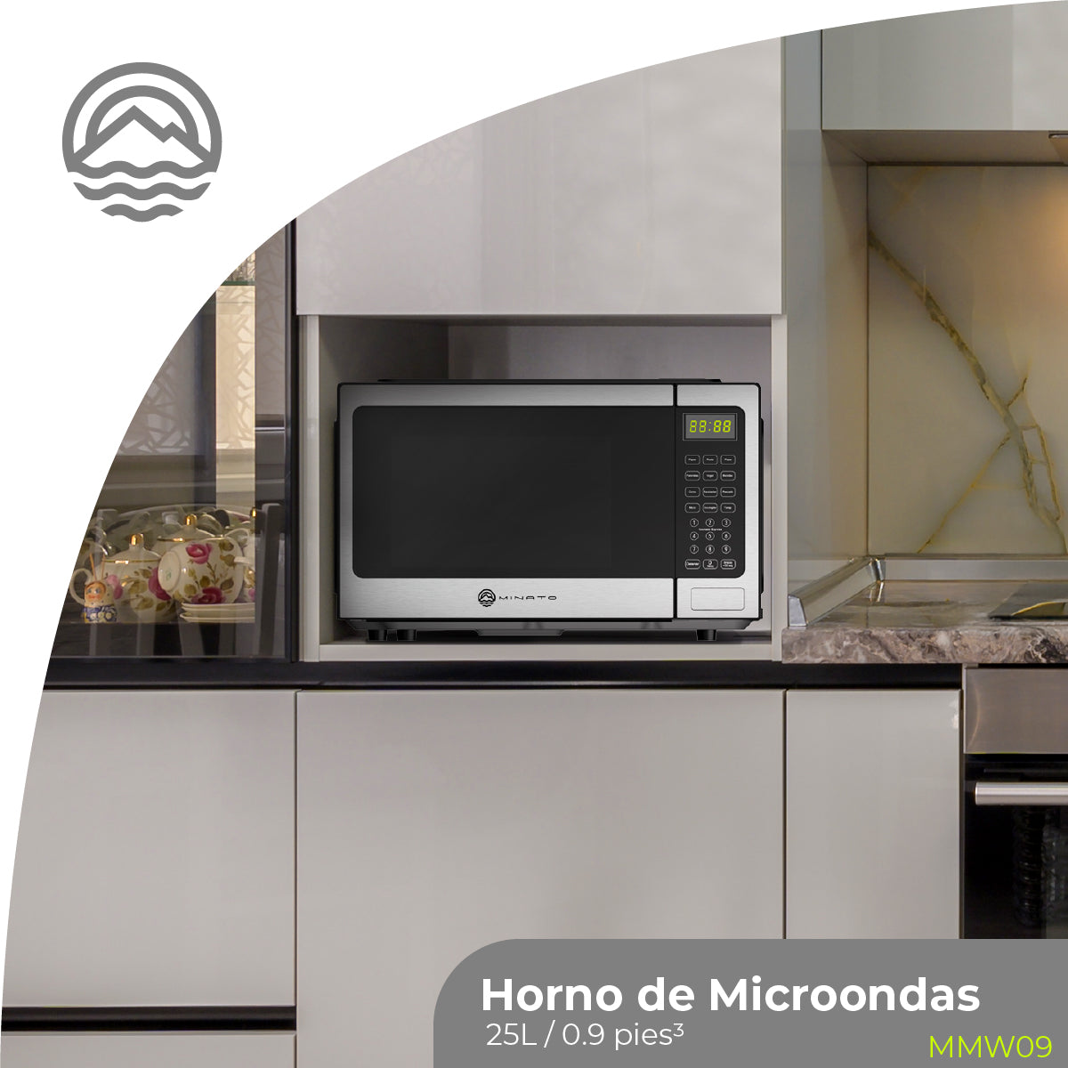 MINATO Microondas 25L/0.9 Pies MMW09 – 900W, 10 Niveles, Panel Digital y Menús Automáticos para Cocinar y Descongelar