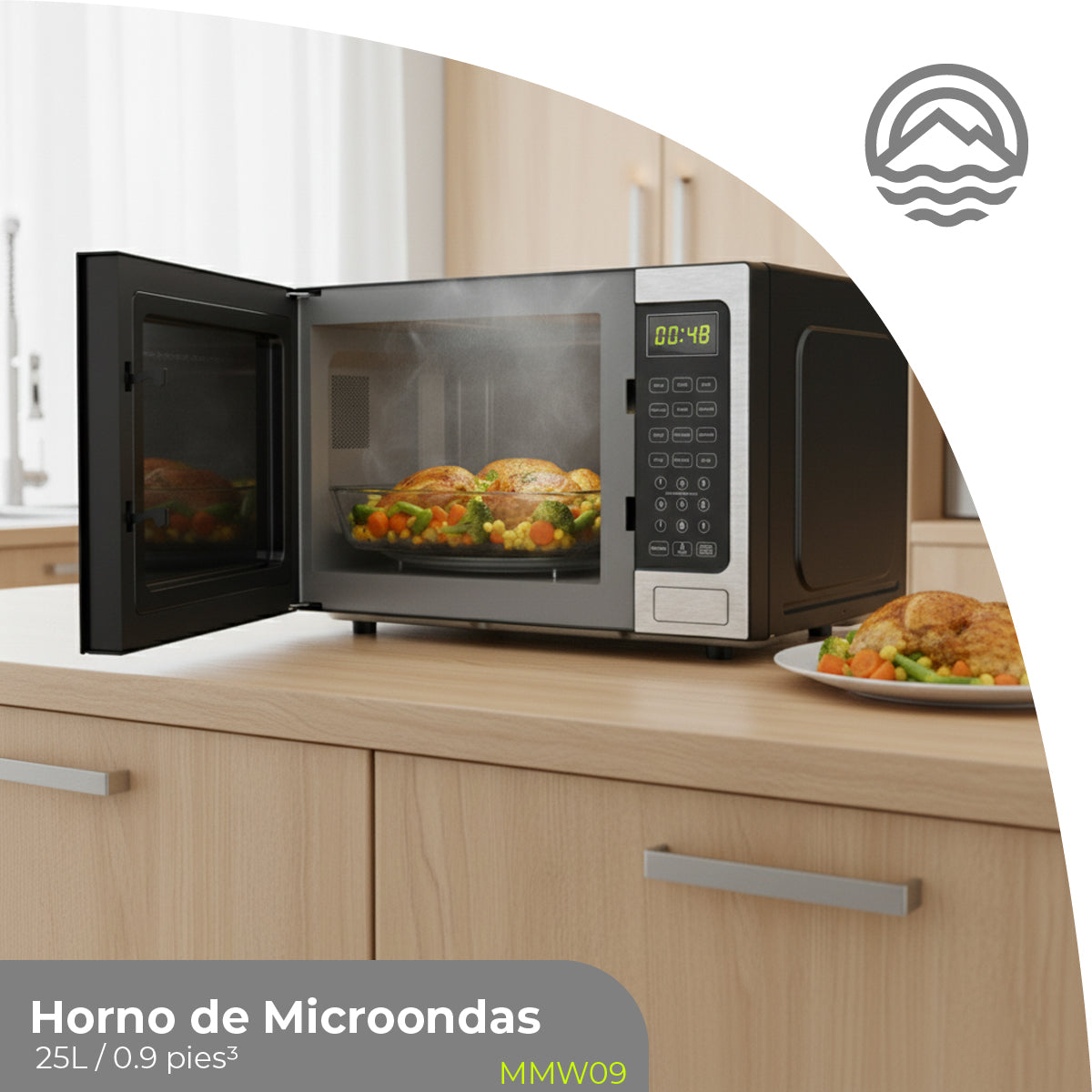 MINATO Microondas 25L/0.9 Pies MMW09 – 900W, 10 Niveles, Panel Digital y Menús Automáticos para Cocinar y Descongelar