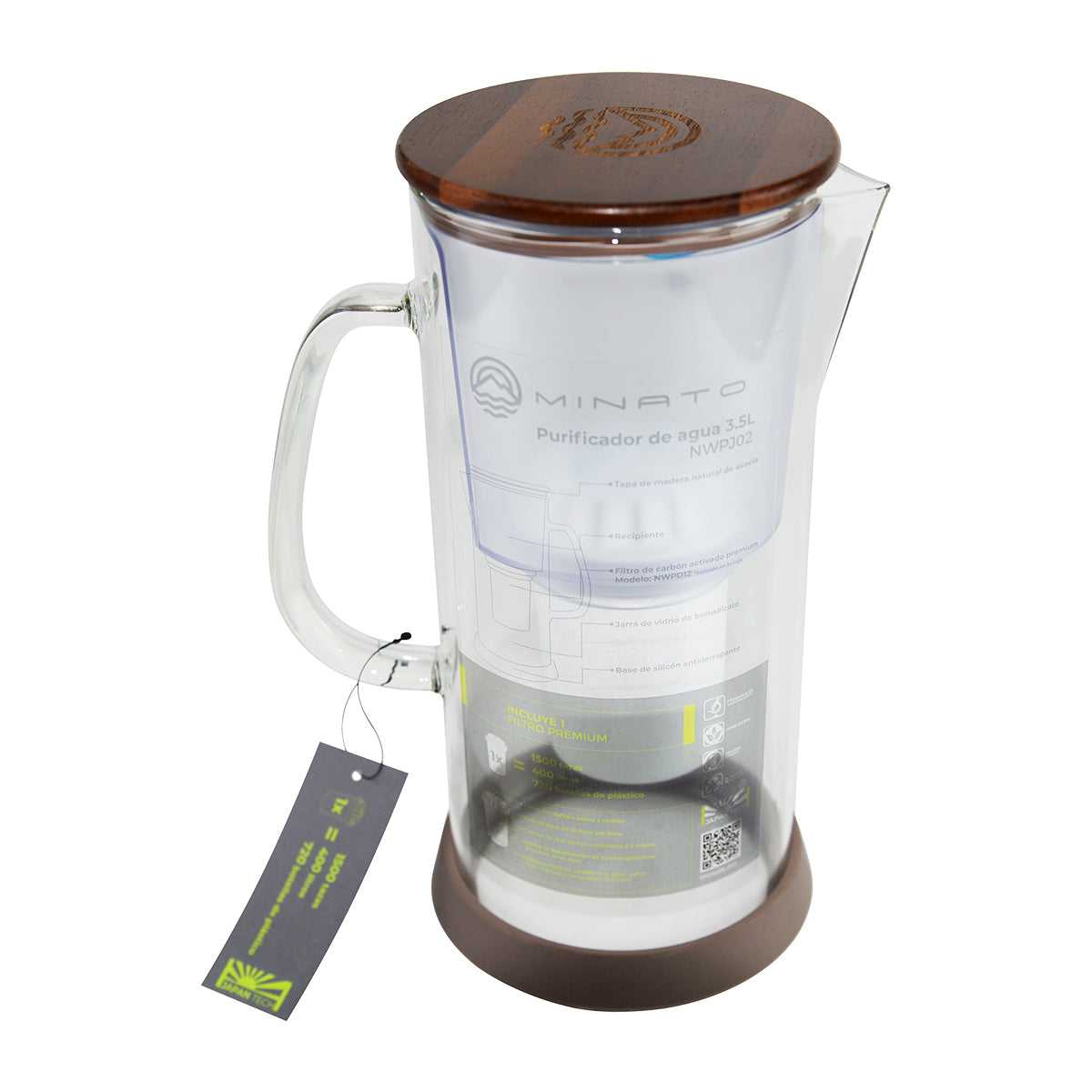 Purificador de Agua Jarra de 3.5 litros de Vidrio Borosilicato. Incluye 1 Filtro